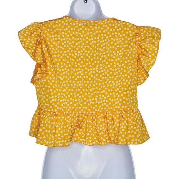 SHEIN Womens Yellow White Floral Cross Front Ruffle Flutter Sleeve Crop Blouse S - Picture 4 of 9